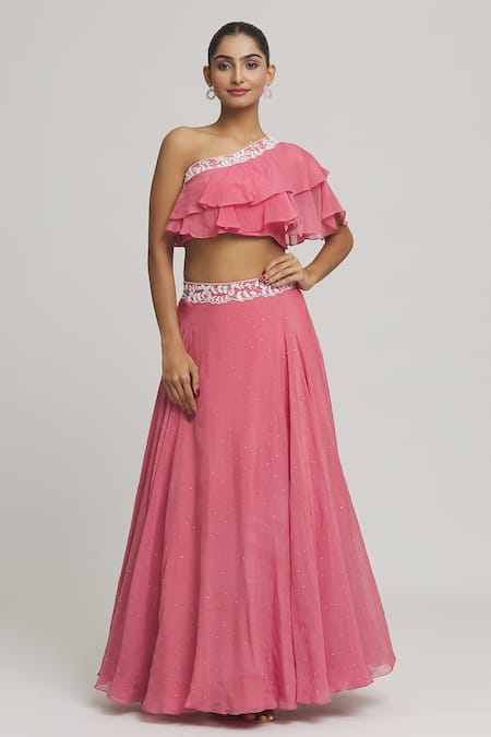 Buy_Samyukta Singhania_Coral Organza Sequins, Embroidery, Crystals Embellished Lehenga With Blouse 