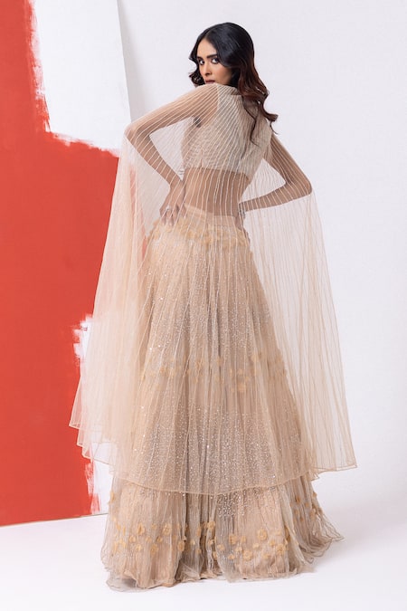 Mehak Sharma Peach Cutdana Embroidered Cape & Lehenga Set 