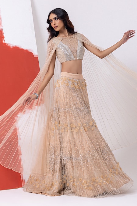 Mehak Sharma Peach Tulle Cut Work, Sequins, Smocking, Embroidery Cutdana Cape And Lehenga Set Online at Aza Fashions Mehak Sharma_Peach Tulle Cut Work, Sequins, Smocking, Embroidery Cutdana Cape And Lehenga Set _Online_at_Aza_Fashions