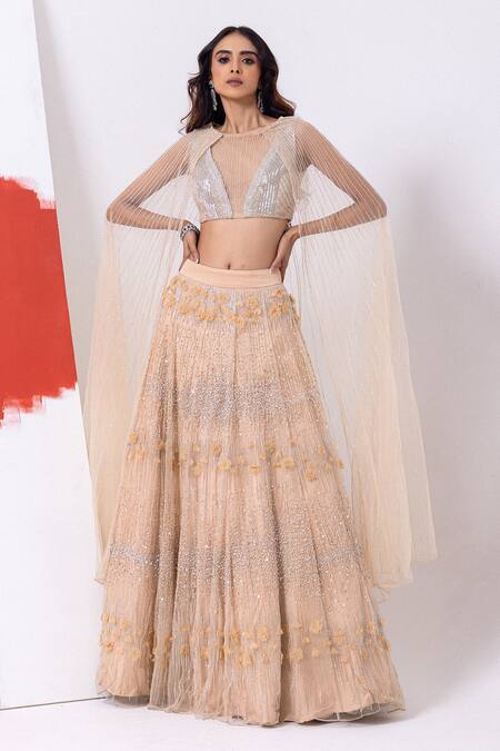 Shop Mehak Sharma Peach Tulle Cut Work, Sequins, Smocking, Embroidery Cutdana Cape And Lehenga Set Online at Aza Fashions Shop_Mehak Sharma_Peach Tulle Cut Work, Sequins, Smocking, Embroidery Cutdana Cape And Lehenga Set _Online_at_Aza_Fashions