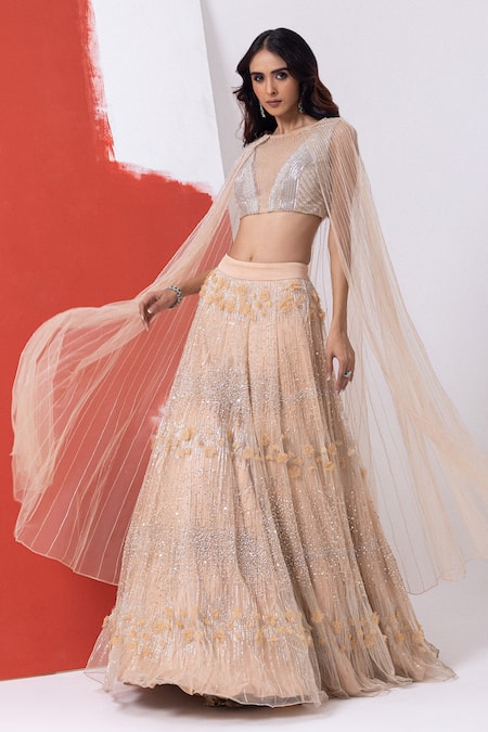Mehak Sharma Peach Tulle Cut Work, Sequins, Smocking, Embroidery Cutdana Cape And Lehenga Set at Aza Fashions Mehak Sharma_Peach Tulle Cut Work, Sequins, Smocking, Embroidery Cutdana Cape And Lehenga Set _at_Aza_Fashions