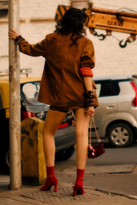 Style Junkiie Tan Suede Embroidered Oversized Blazer 