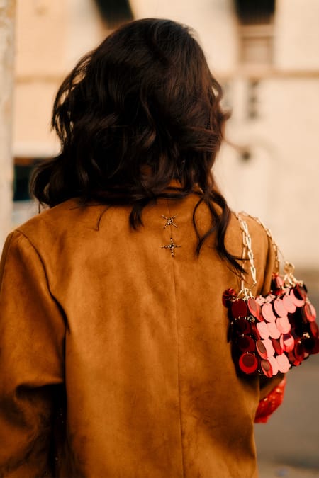 Style Junkiie_Brown Suede Beads Tan Embroidered Oversized Blazer _Online_at_Aza_Fashions