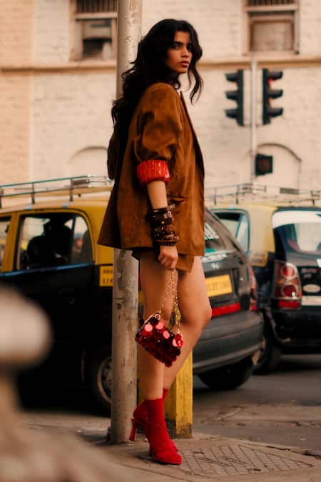 Buy_Style Junkiie_Brown Suede Beads Tan Embroidered Oversized Blazer _Online_at_Aza_Fashions