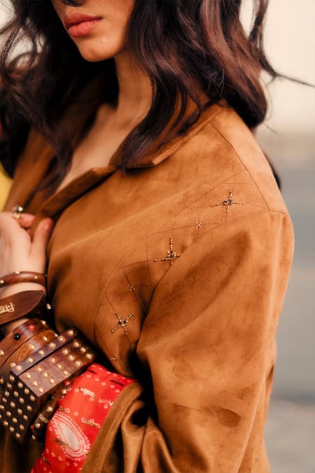 Style Junkiie_Brown Suede Beads Tan Embroidered Oversized Blazer _at_Aza_Fashions