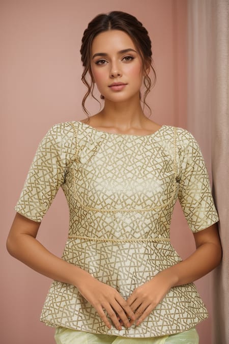 Samyukta Singhania Beige Embroidery Round Neck Geometric Woven Peplum Blouse 