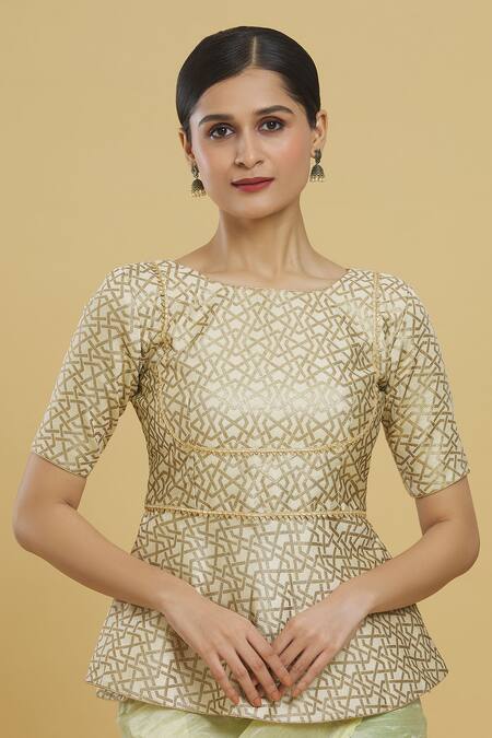 Buy_Samyukta Singhania_Beige Embroidery Round Neck Geometric Woven Peplum Blouse 
