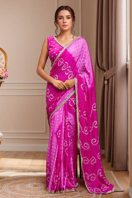 Samyukta Singhania Magenta Silk Print Bandhani Saree With Running Blouse 