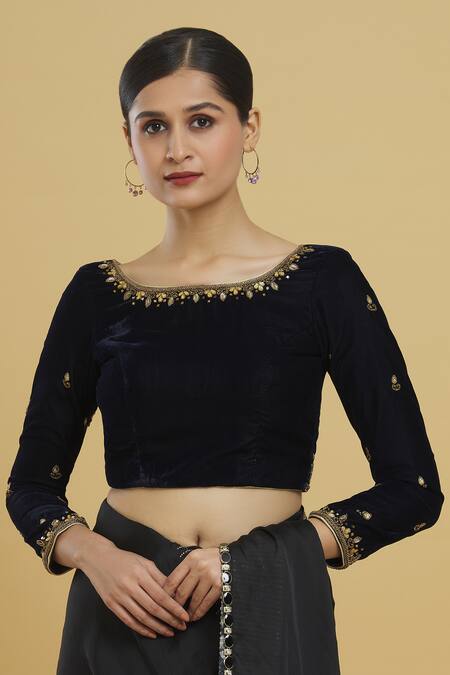 Buy_Samyukta Singhania_Blue Velvet, Linen Beads, Mirrors Round Neck Embroidered Blouse