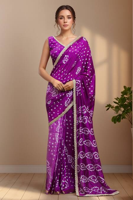 Samyukta Singhania Purple Silk Print Bandhani V Neck Pattern Saree With Blouse