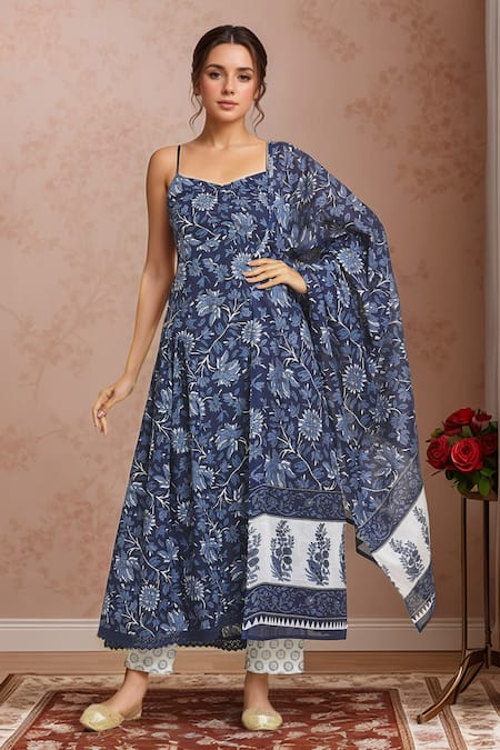 Samyukta Singhania Blue Cotton Printed And Embroidered Floral & Crochet Lace Anarkali Pant Set 