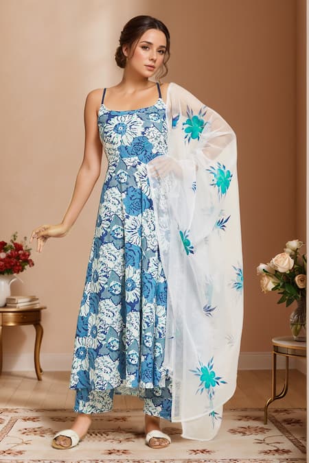 Samyukta Singhania Blue Cotton Printed Garden Halter Neck Anarkali Pant Set 