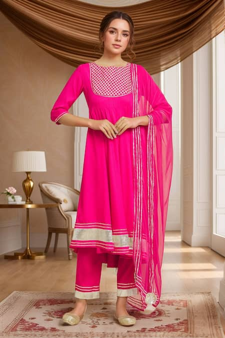 Samyukta Singhania Pink Rayon Embellished Gota Work Round Neck Anarkali Pant Set 