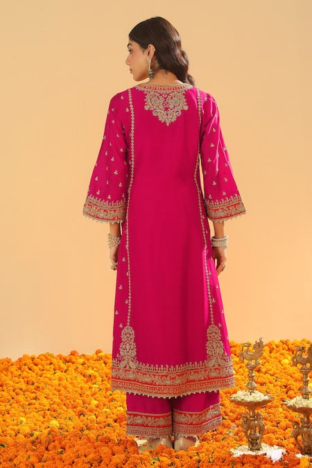 Shop Sheetal Batra Pink Silk Organza, Silk, Chanderi Hot Embroidered Kurta Set With Palazzo at Aza Fashions Shop_Sheetal Batra_Pink Silk Organza, Silk, Chanderi Hot Embroidered Kurta Set With Palazzo _at_Aza_Fashions