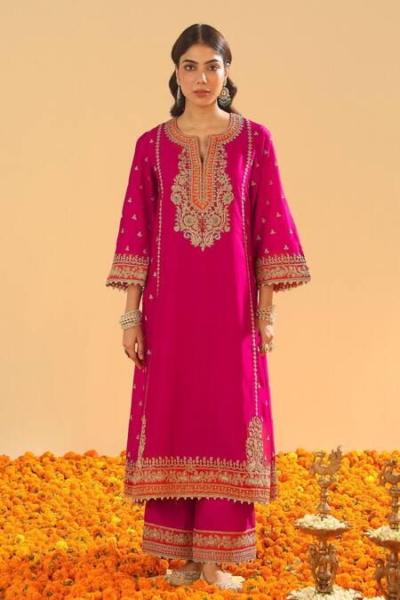 Buy Sheetal Batra Pink Silk Organza, Silk, Chanderi Hot Embroidered Kurta Set With Palazzo Online at Aza Fashions Buy_Sheetal Batra_Pink Silk Organza, Silk, Chanderi Hot Embroidered Kurta Set With Palazzo _Online_at_Aza_Fashions