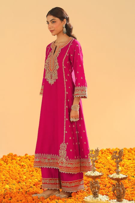 Shop Sheetal Batra Pink Silk Organza, Silk, Chanderi Hot Embroidered Kurta Set With Palazzo Online at Aza Fashions Shop_Sheetal Batra_Pink Silk Organza, Silk, Chanderi Hot Embroidered Kurta Set With Palazzo _Online_at_Aza_Fashions