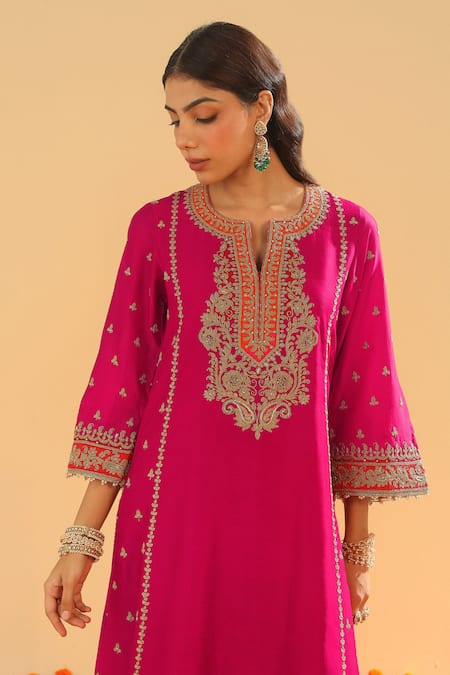 Sheetal Batra Pink Silk Organza, Silk, Chanderi Hot Embroidered Kurta Set With Palazzo at Aza Fashions Sheetal Batra_Pink Silk Organza, Silk, Chanderi Hot Embroidered Kurta Set With Palazzo _at_Aza_Fashions
