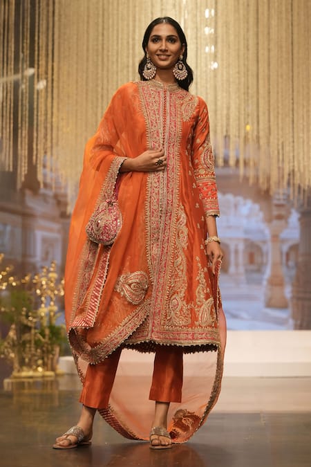 Sheetal Batra Orange Organza, Sequins, Paisley Bloom Embroidered Jacket Kurta Set Online at Aza Fashions Sheetal Batra_Orange Organza, Sequins, Paisley Bloom Embroidered Jacket Kurta Set _Online_at_Aza_Fashions