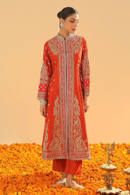 Shop Sheetal Batra Orange Organza, Sequins, Paisley Bloom Embroidered Jacket Kurta Set Online at Aza Fashions Shop_Sheetal Batra_Orange Organza, Sequins, Paisley Bloom Embroidered Jacket Kurta Set _Online_at_Aza_Fashions