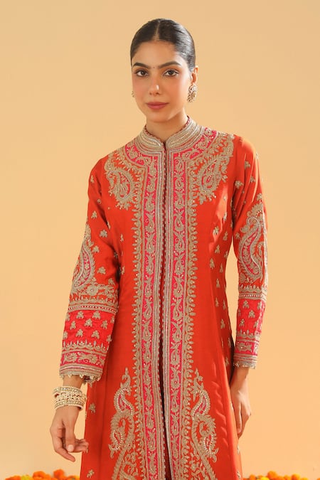 Sheetal Batra Orange Organza, Sequins, Paisley Bloom Embroidered Jacket Kurta Set at Aza Fashions Sheetal Batra_Orange Organza, Sequins, Paisley Bloom Embroidered Jacket Kurta Set _at_Aza_Fashions
