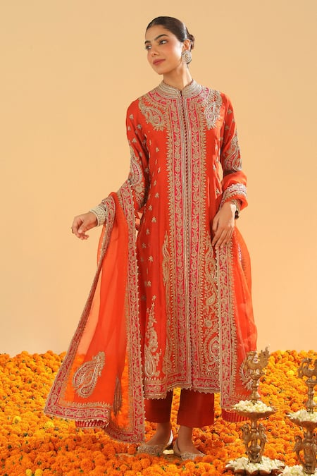 Buy Sheetal Batra Orange Organza, Sequins, Paisley Bloom Embroidered Jacket Kurta Set Buy_Sheetal Batra_Orange Organza, Sequins, Paisley Bloom Embroidered Jacket Kurta Set