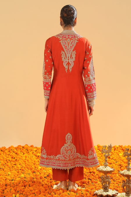 Shop Sheetal Batra Orange Silk, Chanderi Embroidery Collared Jacket Kurta Set With Pant at Aza Fashions Shop_Sheetal Batra_Orange Silk, Chanderi Embroidery Collared Jacket Kurta Set With Pant _at_Aza_Fashions