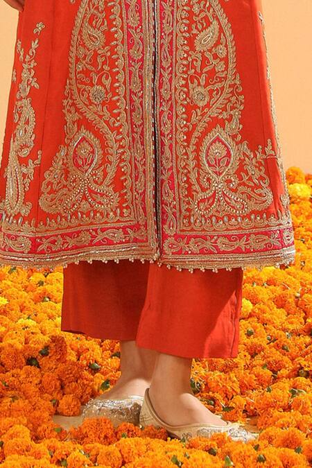 Sheetal Batra Orange Silk, Chanderi Embroidery Collared Jacket Kurta Set With Pant Online at Aza Fashions Sheetal Batra_Orange Silk, Chanderi Embroidery Collared Jacket Kurta Set With Pant _Online_at_Aza_Fashions