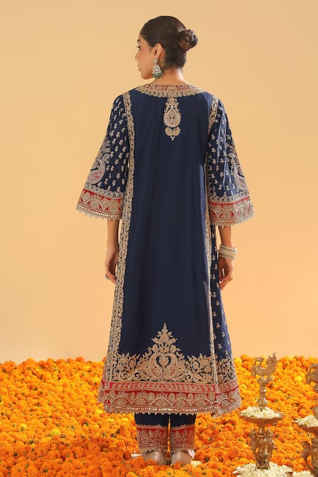 Shop Sheetal Batra Blue , Satin, Organza Zari, Gul Embroidered Choga Kurta Set at Aza Fashions Shop_Sheetal Batra_Blue , Satin, Organza Zari, Gul Embroidered Choga Kurta Set _at_Aza_Fashions
