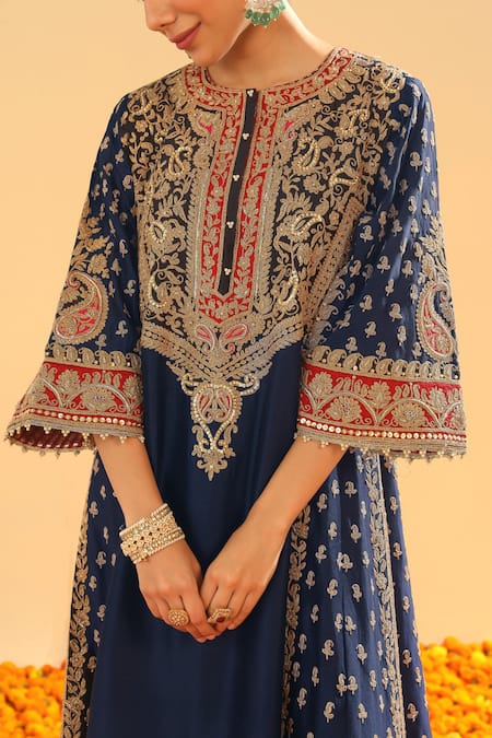 Shop Sheetal Batra Blue , Satin, Organza Zari, Gul Embroidered Choga Kurta Set Shop_Sheetal Batra_Blue , Satin, Organza Zari, Gul Embroidered Choga Kurta Set
