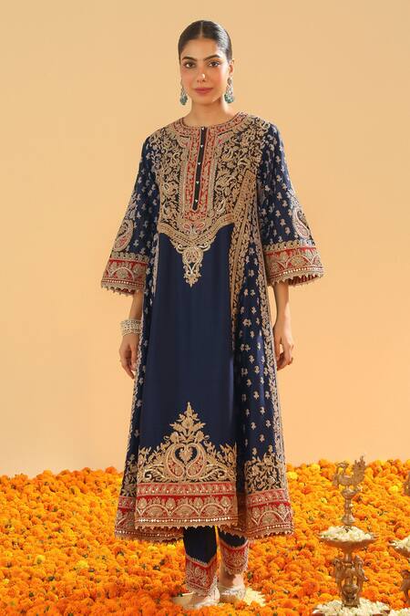 Sheetal Batra_Blue , Satin Sequins, Zari Gul Embroidered Choga Kurta And Salwar Set _Online_at_Aza_Fashions