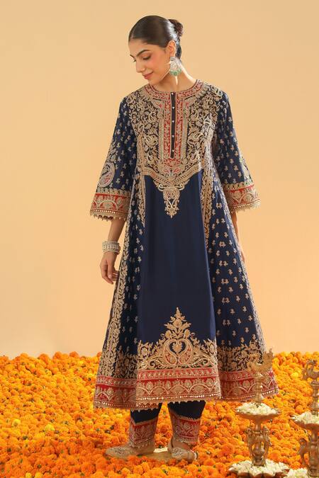 Buy_Sheetal Batra_Blue , Satin Sequins, Zari Gul Embroidered Choga Kurta And Salwar Set _Online_at_Aza_Fashions