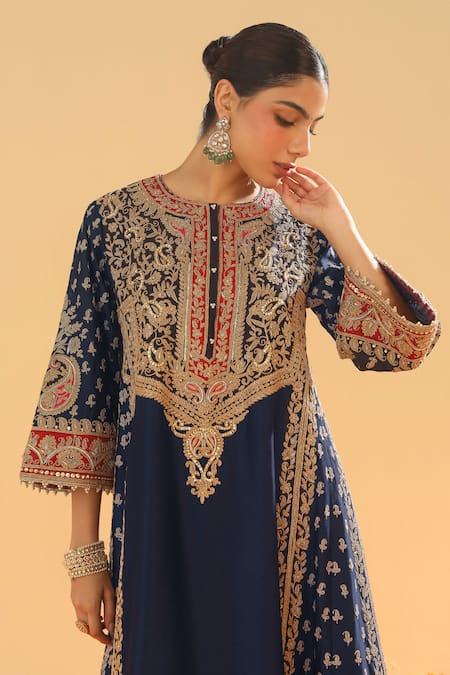 Shop_Sheetal Batra_Blue , Satin Sequins, Zari Gul Embroidered Choga Kurta And Salwar Set _Online_at_Aza_Fashions