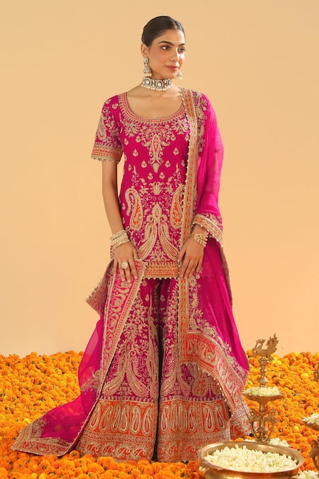 Sheetal Batra Pink Silk Chanderi Embroidery Kirandori Round Ishwa Paisley Kurta Sharara Set  3