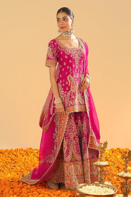 Sheetal Batra Pink Silk Chanderi Embroidery Kirandori Round Ishwa Paisley Kurta Sharara Set  4