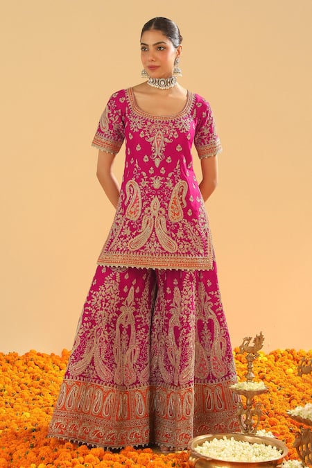 Sheetal Batra Pink Silk Chanderi Embroidery Kirandori Round Ishwa Paisley Kurta Sharara Set  6