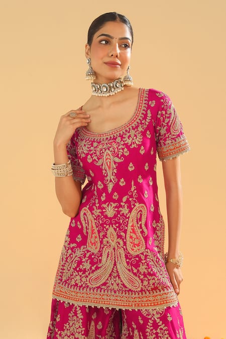 Sheetal Batra Pink Silk Chanderi Embroidery Kirandori Round Ishwa Paisley Kurta Sharara Set  7