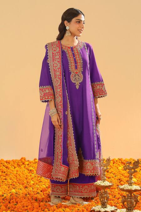 Shop Sheetal Batra Purple Organza, Sequins, Zari Kirandori Blossom Embroidered Kurta Set Shop_Sheetal Batra_Purple Organza, Sequins, Zari Kirandori Blossom Embroidered Kurta Set