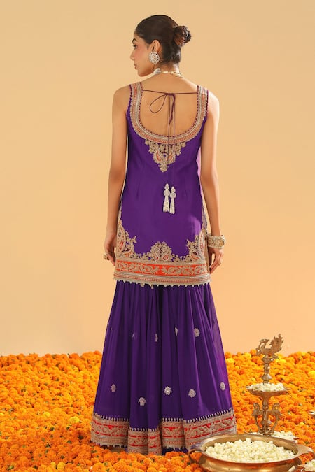 Shop Sheetal Batra Purple Chanderi, Georgette, Silk Diamonds, Paisley Kurta Gharara Set at Aza Fashions Shop_Sheetal Batra_Purple Chanderi, Georgette, Silk Diamonds, Paisley Kurta Gharara Set _at_Aza_Fashions