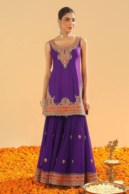 Sheetal Batra Purple Chanderi, Georgette, Silk Diamonds, Paisley Kurta Gharara Set Online at Aza Fashions Sheetal Batra_Purple Chanderi, Georgette, Silk Diamonds, Paisley Kurta Gharara Set _Online_at_Aza_Fashions