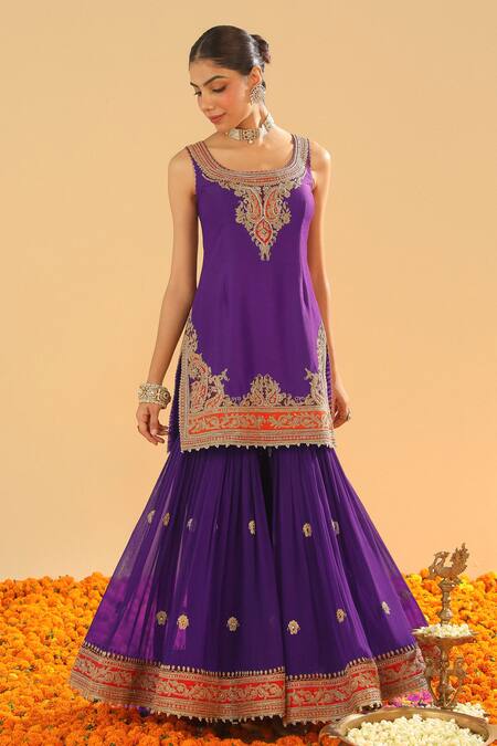 Buy Sheetal Batra Purple Chanderi, Georgette, Silk Diamonds, Paisley Kurta Gharara Set Online at Aza Fashions Buy_Sheetal Batra_Purple Chanderi, Georgette, Silk Diamonds, Paisley Kurta Gharara Set _Online_at_Aza_Fashions