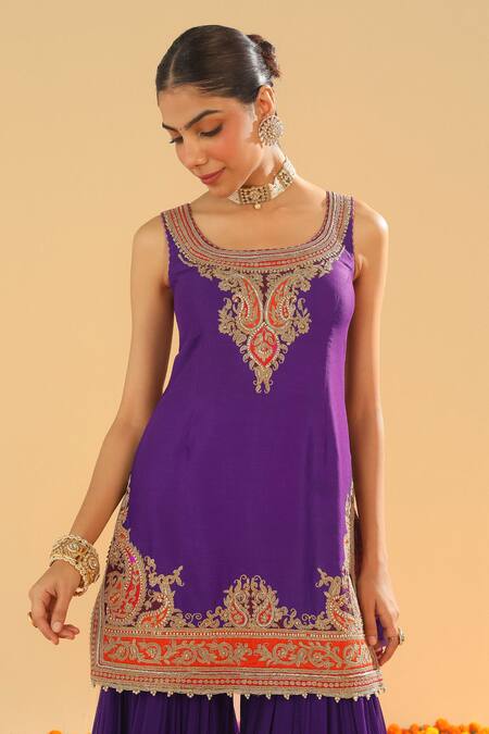 Sheetal Batra Purple Chanderi, Georgette, Silk Diamonds, Paisley Kurta Gharara Set at Aza Fashions Sheetal Batra_Purple Chanderi, Georgette, Silk Diamonds, Paisley Kurta Gharara Set _at_Aza_Fashions