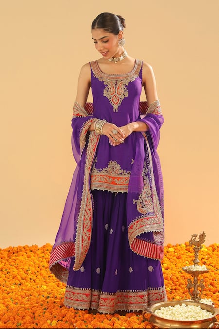 Buy Sheetal Batra Purple Chanderi, Georgette, Silk Diamonds, Paisley Kurta Gharara Set Buy_Sheetal Batra_Purple Chanderi, Georgette, Silk Diamonds, Paisley Kurta Gharara Set