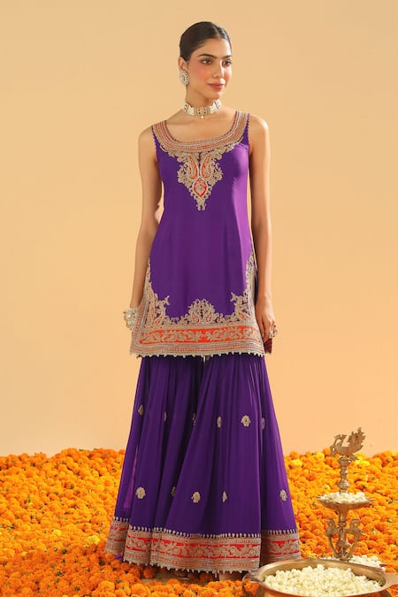 Sheetal Batra Purple Chanderi, Georgette Sequins, Zari, Paisley Embroidered Kurta With Gharara Online at Aza Fashions Sheetal Batra_Purple Chanderi, Georgette Sequins, Zari, Paisley Embroidered Kurta With Gharara _Online_at_Aza_Fashions
