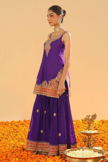 Buy Sheetal Batra Purple Chanderi, Georgette Sequins, Zari, Paisley Embroidered Kurta With Gharara Online at Aza Fashions Buy_Sheetal Batra_Purple Chanderi, Georgette Sequins, Zari, Paisley Embroidered Kurta With Gharara _Online_at_Aza_Fashions