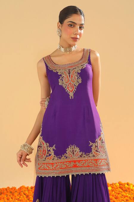 Shop Sheetal Batra Purple Chanderi, Georgette Sequins, Zari, Paisley Embroidered Kurta With Gharara Online at Aza Fashions Shop_Sheetal Batra_Purple Chanderi, Georgette Sequins, Zari, Paisley Embroidered Kurta With Gharara _Online_at_Aza_Fashions