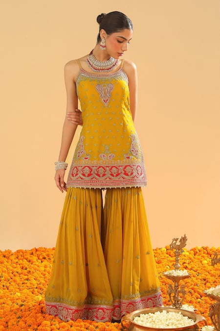 Sheetal Batra Yellow Chanderi, Georgette, Organza, Mustard Kirandori Kurta Set Online at Aza Fashions Sheetal Batra_Yellow Chanderi, Georgette, Organza, Mustard Kirandori Kurta Set _Online_at_Aza_Fashions