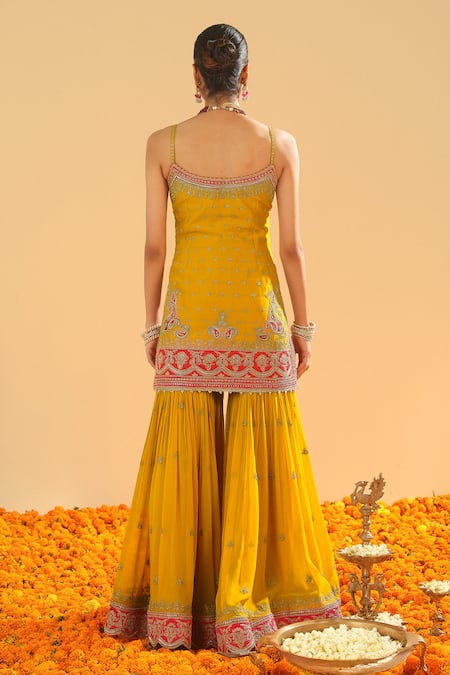 Shop Sheetal Batra Yellow Chanderi, Georgette Diamonds, Embroidery, Bahar Kirandori Kurta Set at Aza Fashions Shop_Sheetal Batra_Yellow Chanderi, Georgette Diamonds, Embroidery, Bahar Kirandori Kurta Set _at_Aza_Fashions