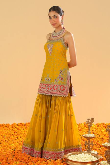 Shop Sheetal Batra Yellow Chanderi, Georgette Diamonds, Embroidery, Bahar Kirandori Kurta Set Online at Aza Fashions Shop_Sheetal Batra_Yellow Chanderi, Georgette Diamonds, Embroidery, Bahar Kirandori Kurta Set _Online_at_Aza_Fashions