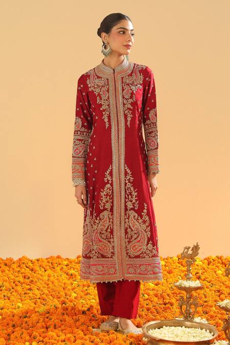 Sheetal Batra Red Silk Organza, Silk, Chanderi Sequins, Paisley Garden Embroidered Kurta Set Online at Aza Fashions Sheetal Batra_Red Silk Organza, Silk, Chanderi Sequins, Paisley Garden Embroidered Kurta Set _Online_at_Aza_Fashions