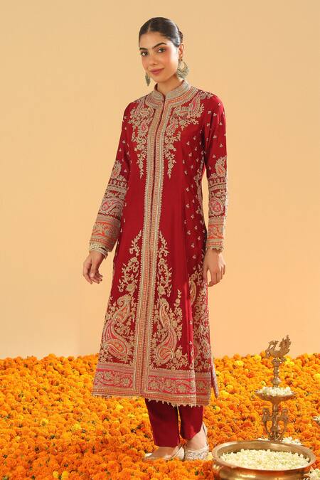 Buy Sheetal Batra Red Silk Organza, Silk, Chanderi Sequins, Paisley Garden Embroidered Kurta Set Online at Aza Fashions Buy_Sheetal Batra_Red Silk Organza, Silk, Chanderi Sequins, Paisley Garden Embroidered Kurta Set _Online_at_Aza_Fashions